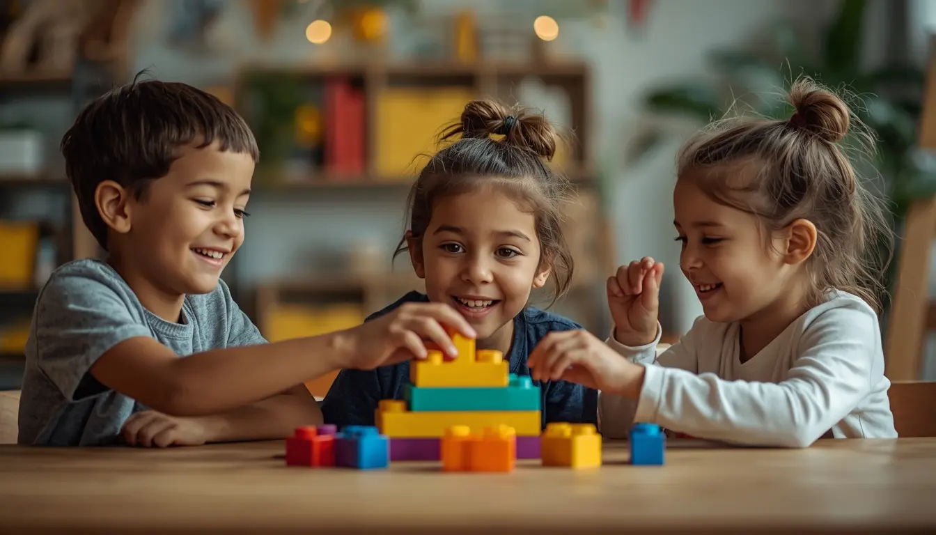 Crianças brincando de montar com blocos de encaixa educativo coloridos