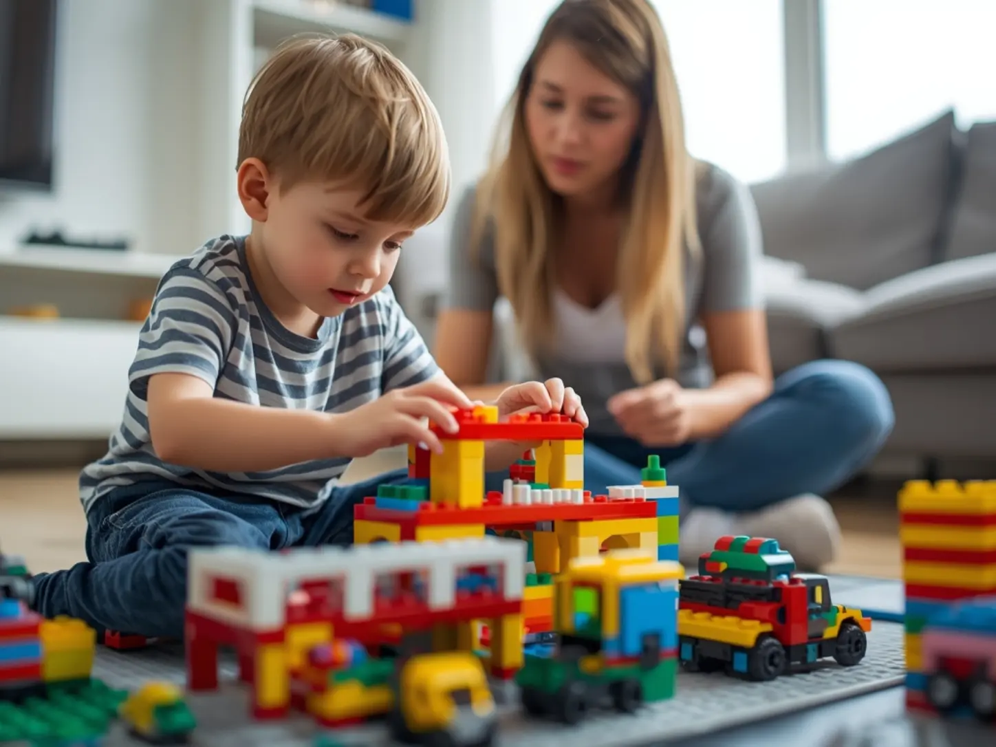 Crianças brincando com blocos de montar de encaixe.